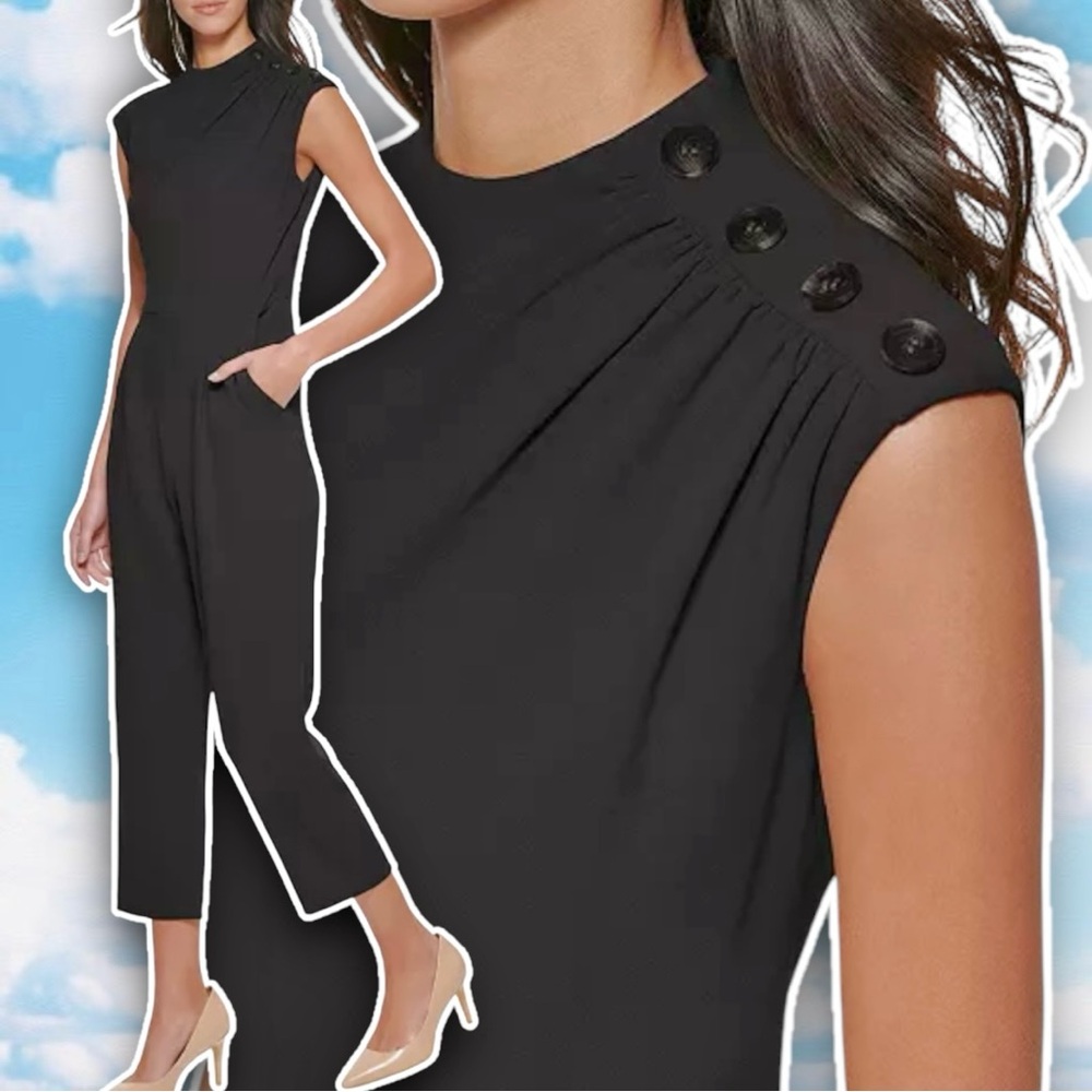 CALVIN KLEIN Button Shoulder Scuba Crepe Jumpsuit Formal Career Corporate Goth